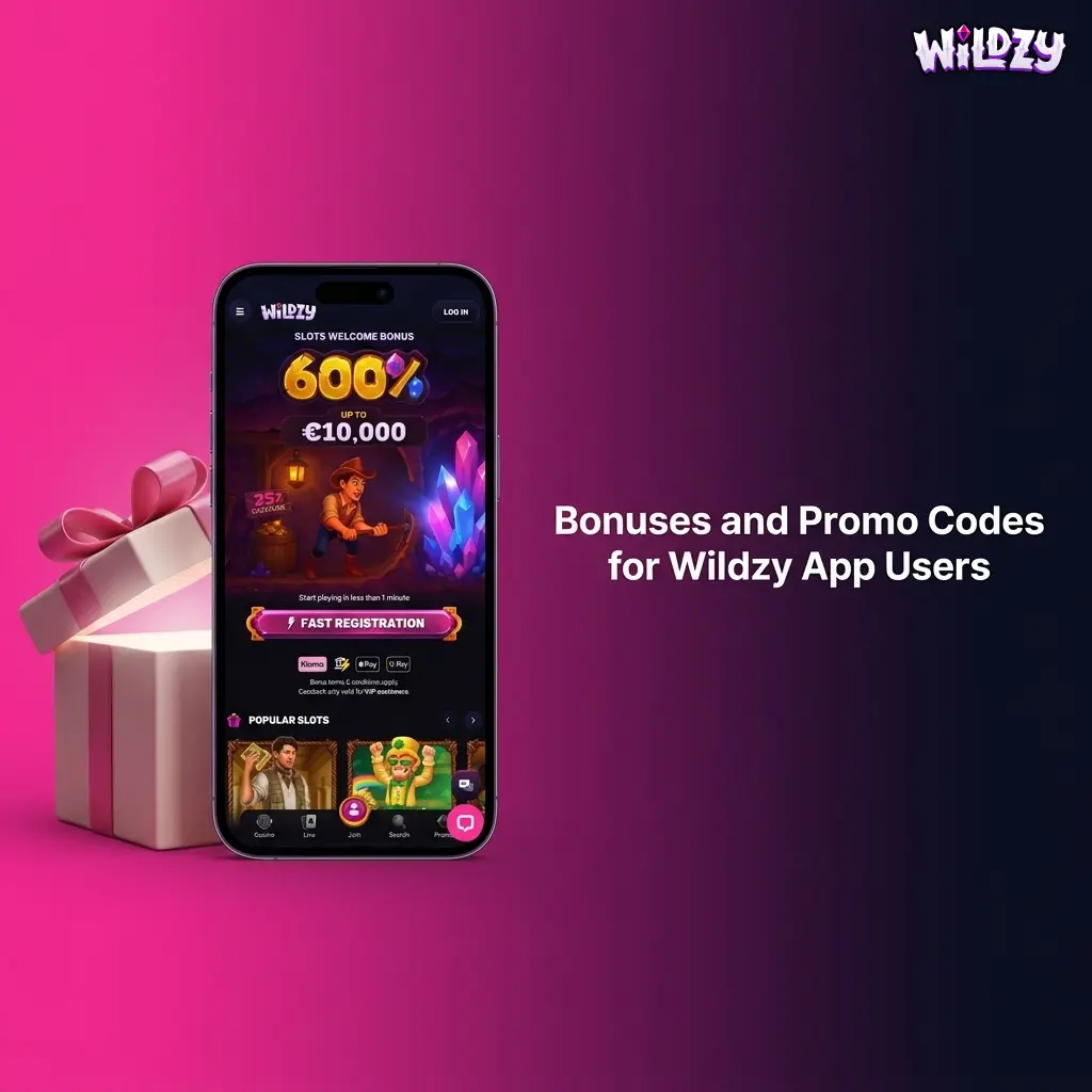 Wildzy app bonuses including 600% slots welcome package, cashback promos, and step-by-step promo code activation guide