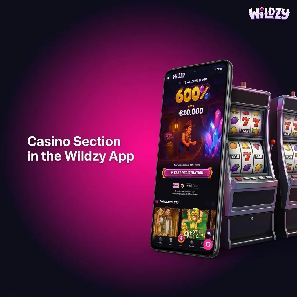 Wildzy app casino section showing slots, live dealer, crash games, and table games on mobile