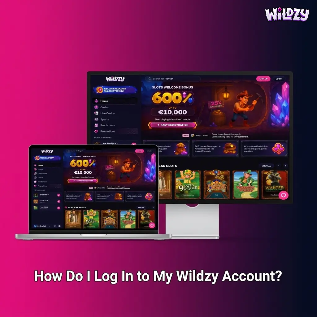 Wildzy account login screen on desktop and mobile showing SSL-secured sign-in with email, phone, or social options