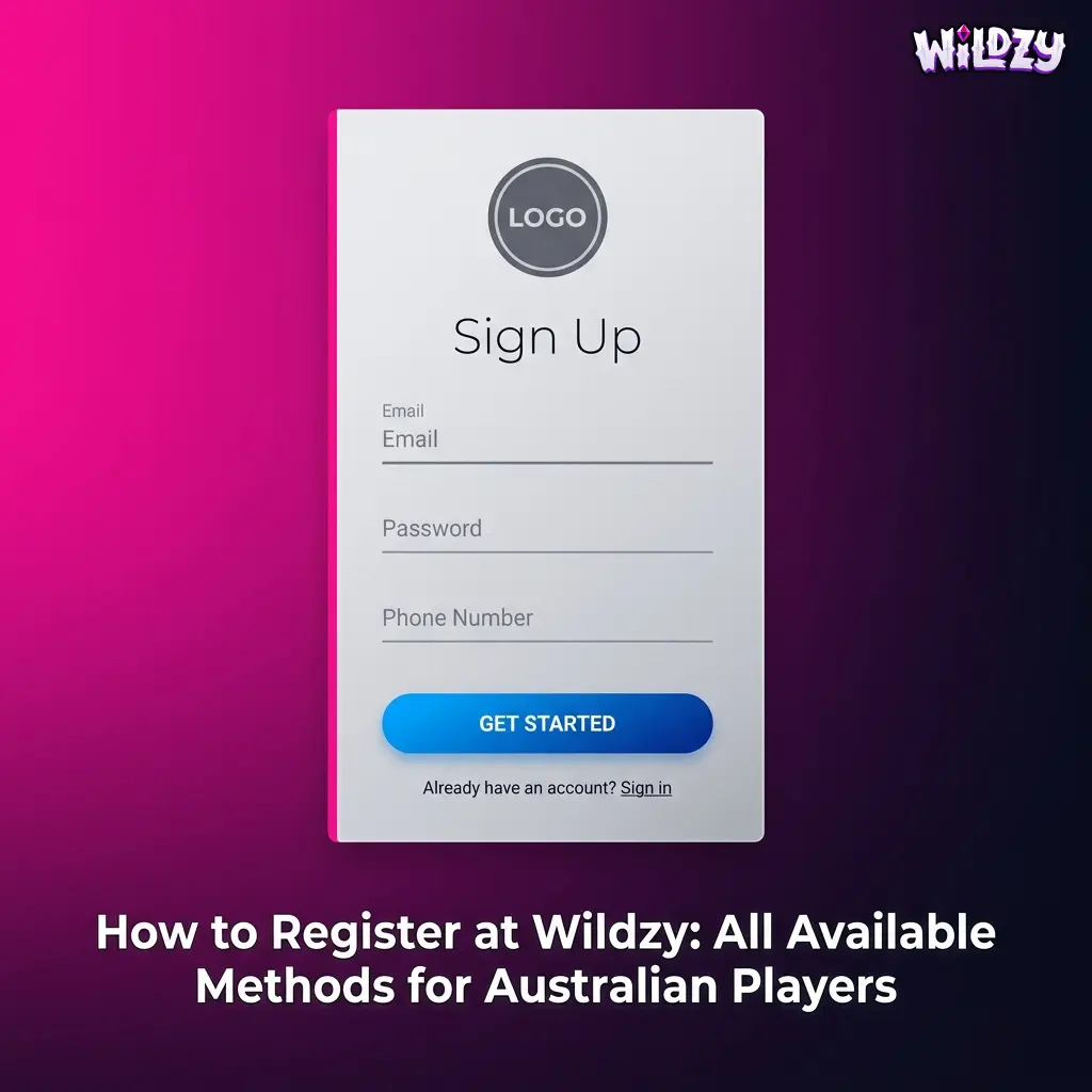 Wildzy casino registration methods for Australian players showing email, express, social, and mobile PWA sign-up options