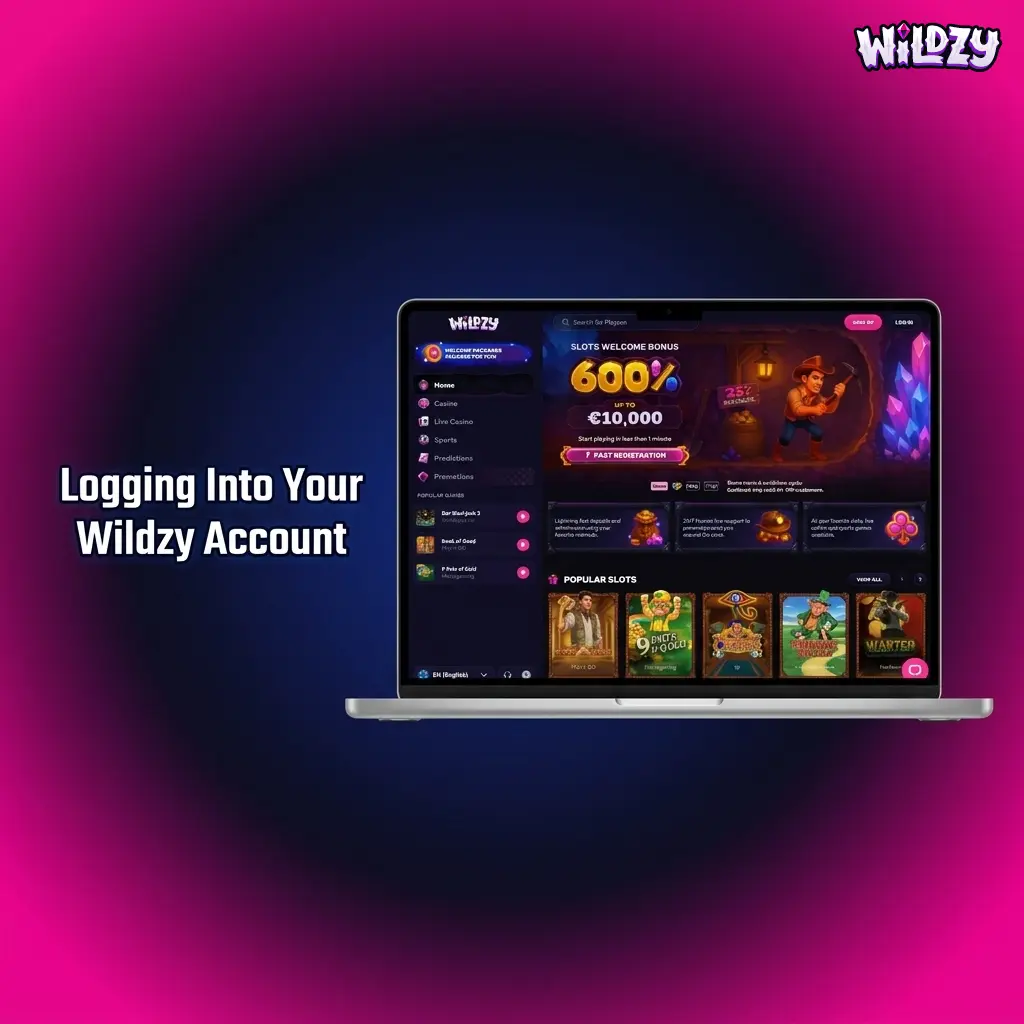 Wildzy account login page showing email and password fields with two-factor authentication prompt and dashboard access options