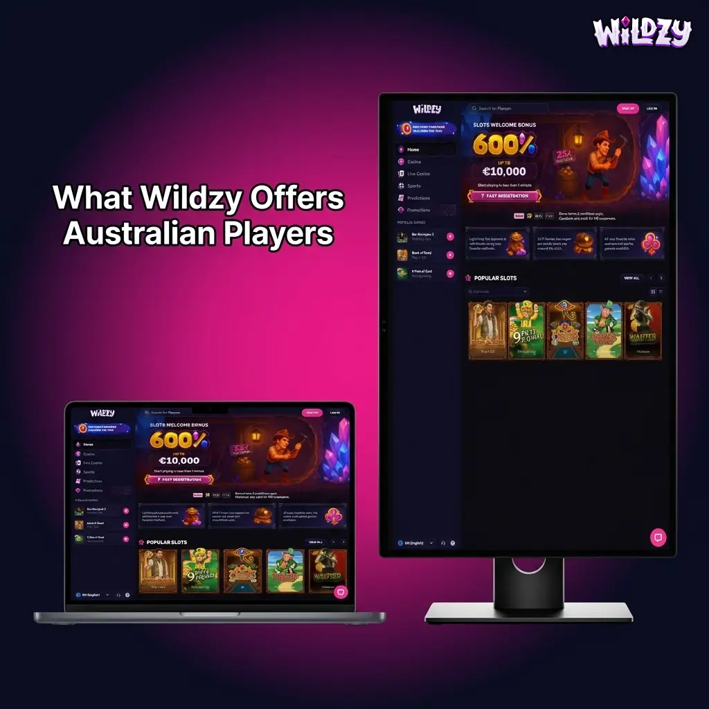 Wildzy platform for Australian players showing sports betting markets, casino games, mobile app, and secure account features