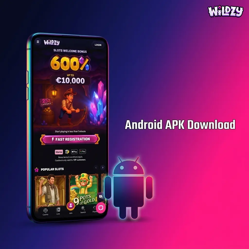 Wildzy Android APK download button for real-money gambling app, safe and verified for direct installation