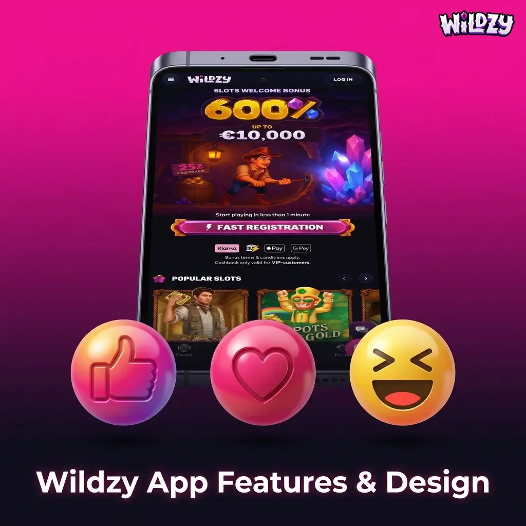 Wildzy app UI showing dark navy and magenta design with sports betting, live casino, and navigation features on mobile