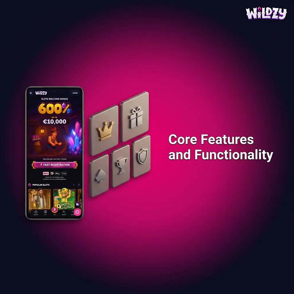 Wildzy mobile app showing live sports betting lines, live dealer tables, casino games, and customer support chat widget