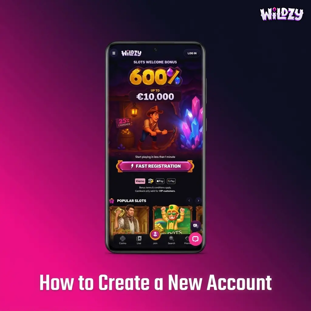 Wildzy app registration screen showing five steps to create a new account for Australian players
