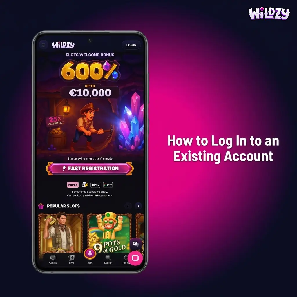 Wildzy app login screen showing email and password fields with biometric login option for existing account access