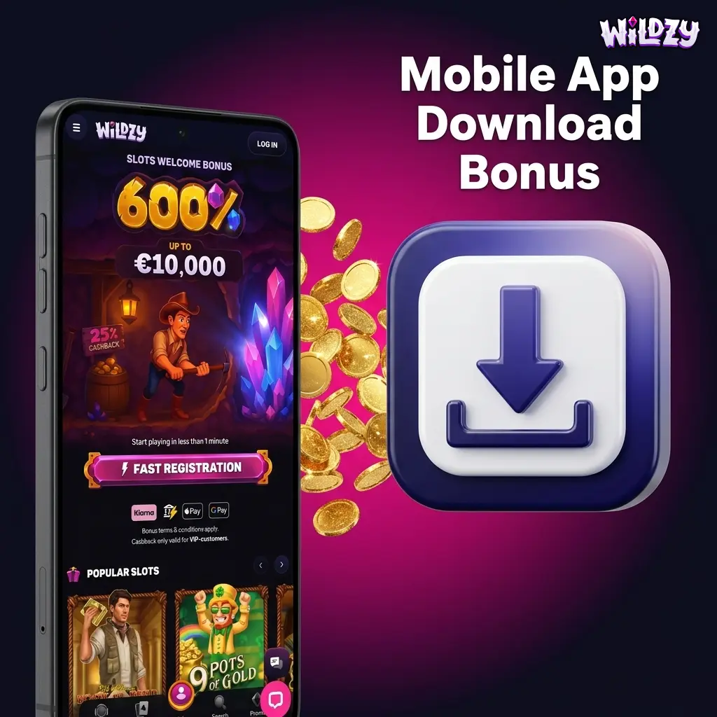 Wildzy mobile app download bonus for Android and iOS users with exclusive rewards on first login