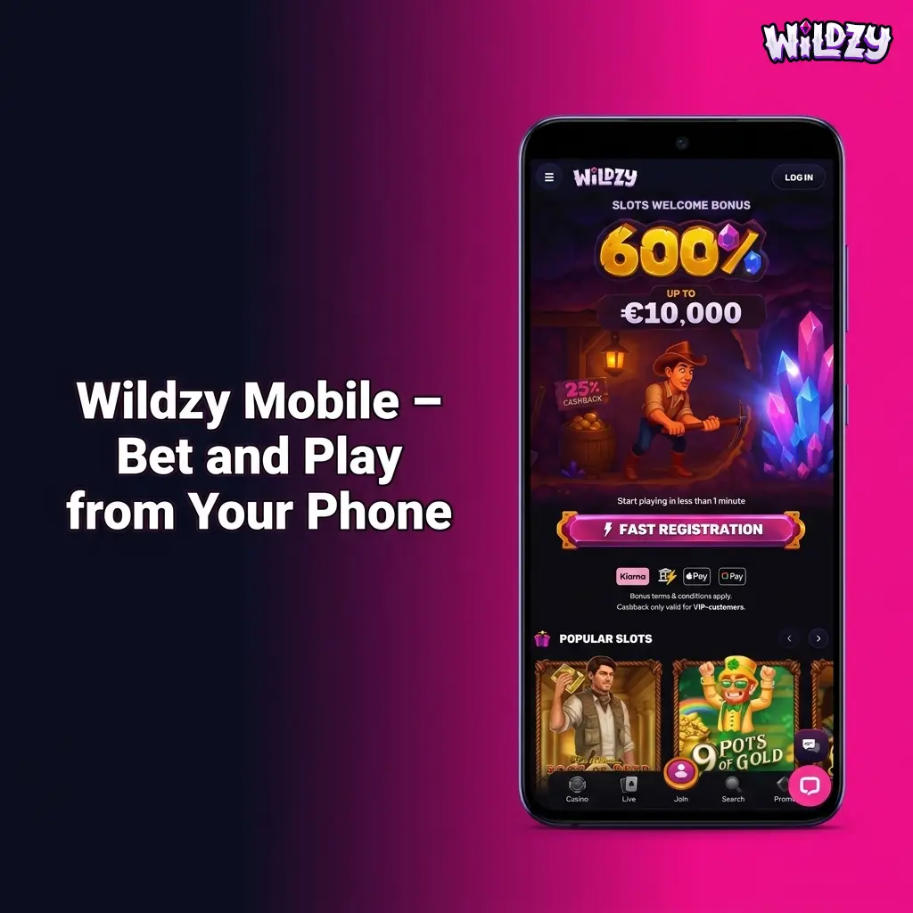 Wildzy mobile app on Android and iOS showing sports betting, live casino, and slots accessible from your phone