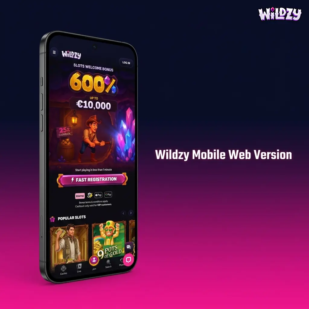 Wildzy mobile web version displayed in a browser with responsive layout adapting to screen size for betting and casino access