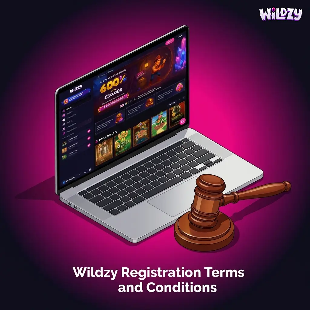Wildzy registration terms and conditions outlining one account per player rule, valid ID requirements, and bonus forfeiture policies