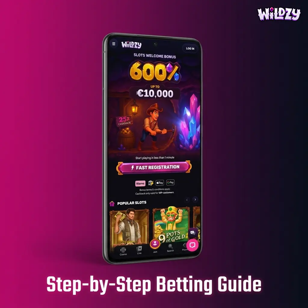Wildzy app step-by-step betting guide showing six taps from launch to confirmation on a mobile sportsbook