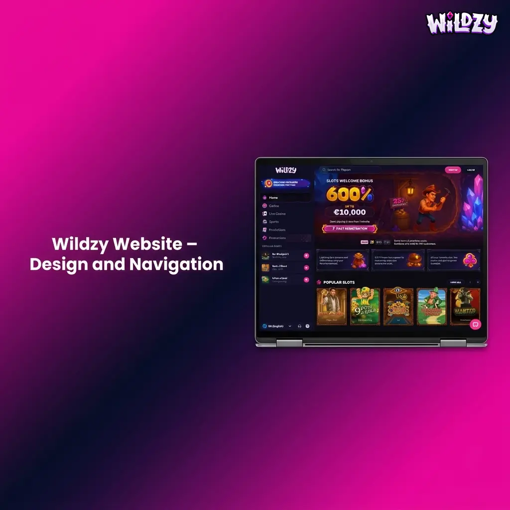 Wildzy website interface showing navy and pink colour scheme with top navigation bar featuring Sports Casino Live Casino and Promotions