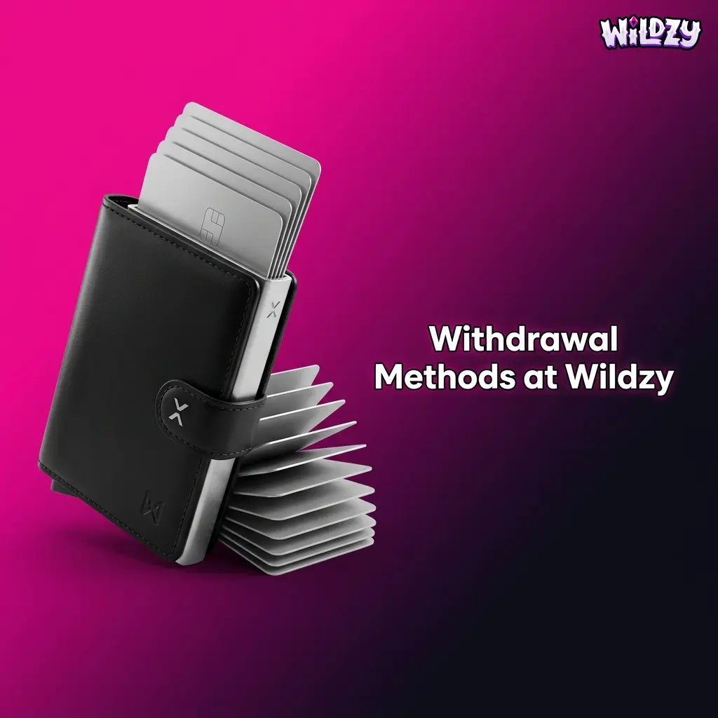 Wildzy casino withdrawal methods showing cashier process steps for Australian players with crypto and card payout options